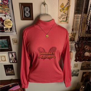 Vintage 80s Graphic Mock Neck Women's Large Coral Salmon Long Sleeve Tennis 70s